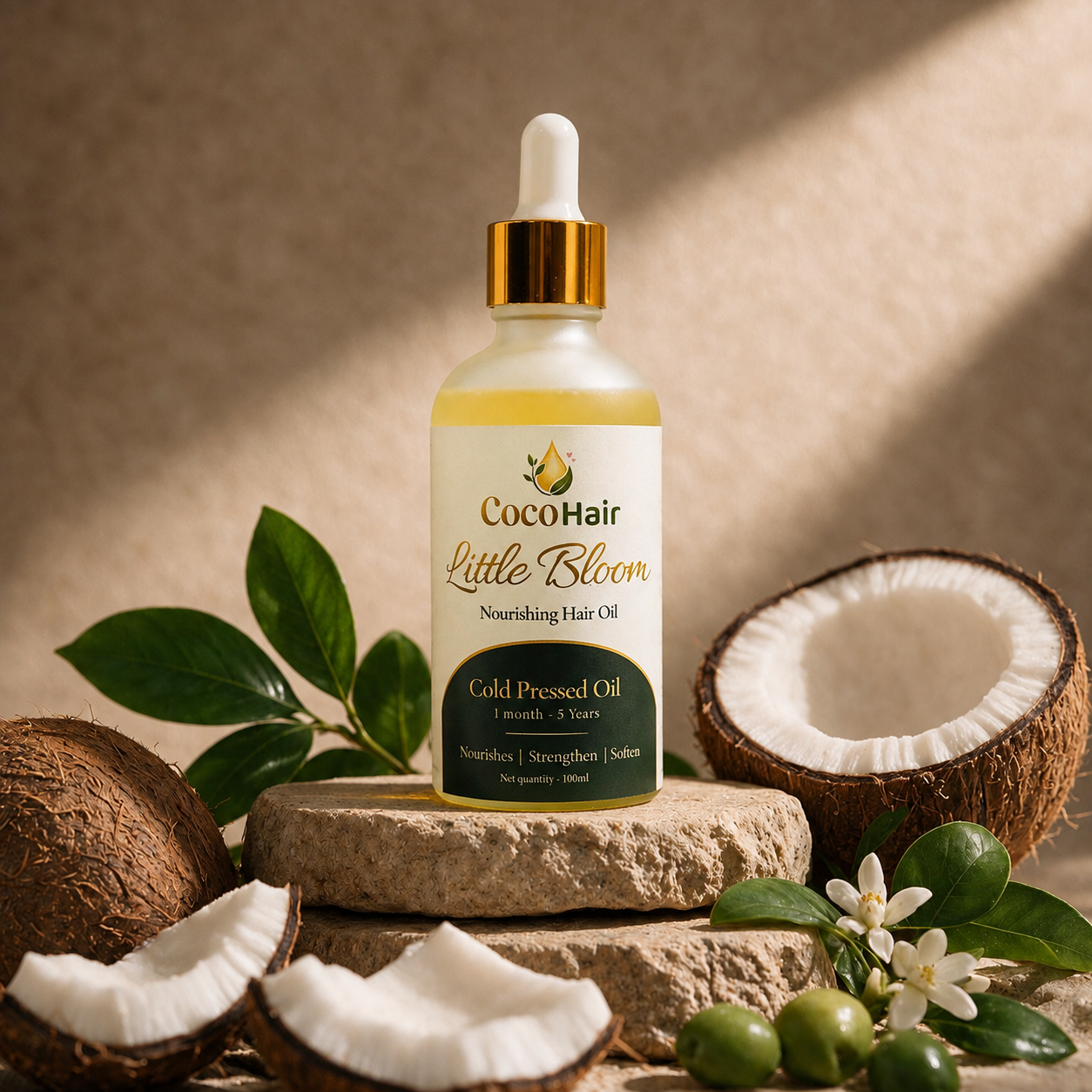 A bottle of COCO Hair nourishing hair oil